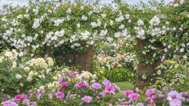 Bellissimo arco di rose e letto in un giardino