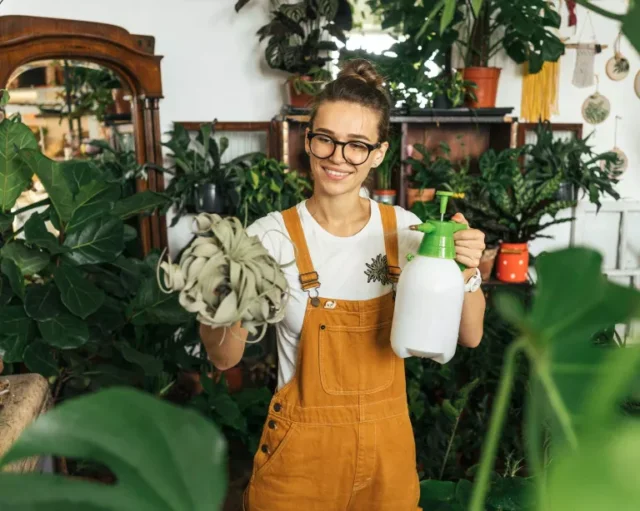giovane donna che annaffia le piante d'appartamento