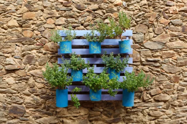 idee di mobili in pallet: blu con vasi di fiori