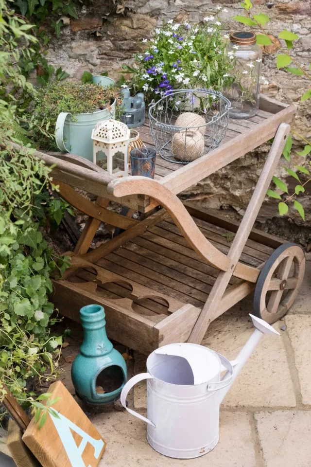 idee per il giardinaggio nel patio: vasi per piante su carrello