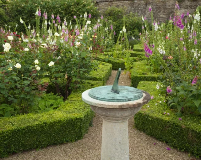 Meridiana ornamentale con foxgloves e rose nel parterre del giardino murato